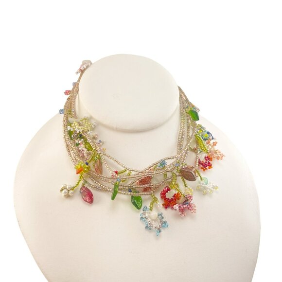 Handcrafted Multi-Color Beaded Floral Three Strand Necklace With Delicate Chain - Picture 8 of 9